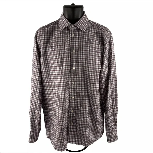 Mens Eton Contemporary Button Up Dress Shirt Sz 16-1/2 Large 42 Wine Blue Plaid - Picture 6 of 7